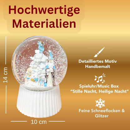 Schneekugel Weihnachtsmann mit Spieluhr, blau silber auf weiß geriffelt - 120 mm Durchmesser - Schneekugelhaus