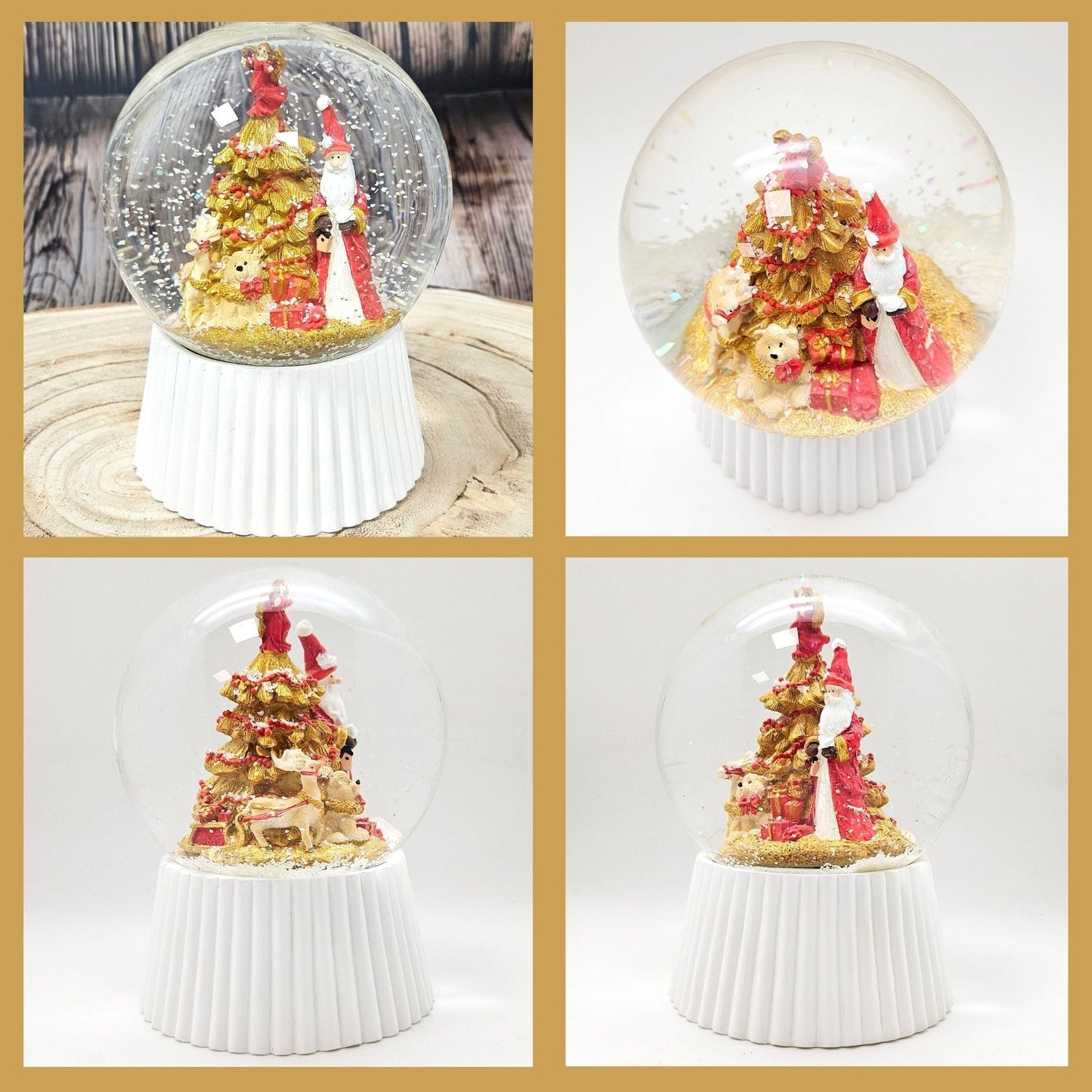 Schneekugel Weihnachtsmann mit Spieluhr, rot, gold weiß auf weiß geriffelt - 120 mm Durchmesser - Schneekugelhaus