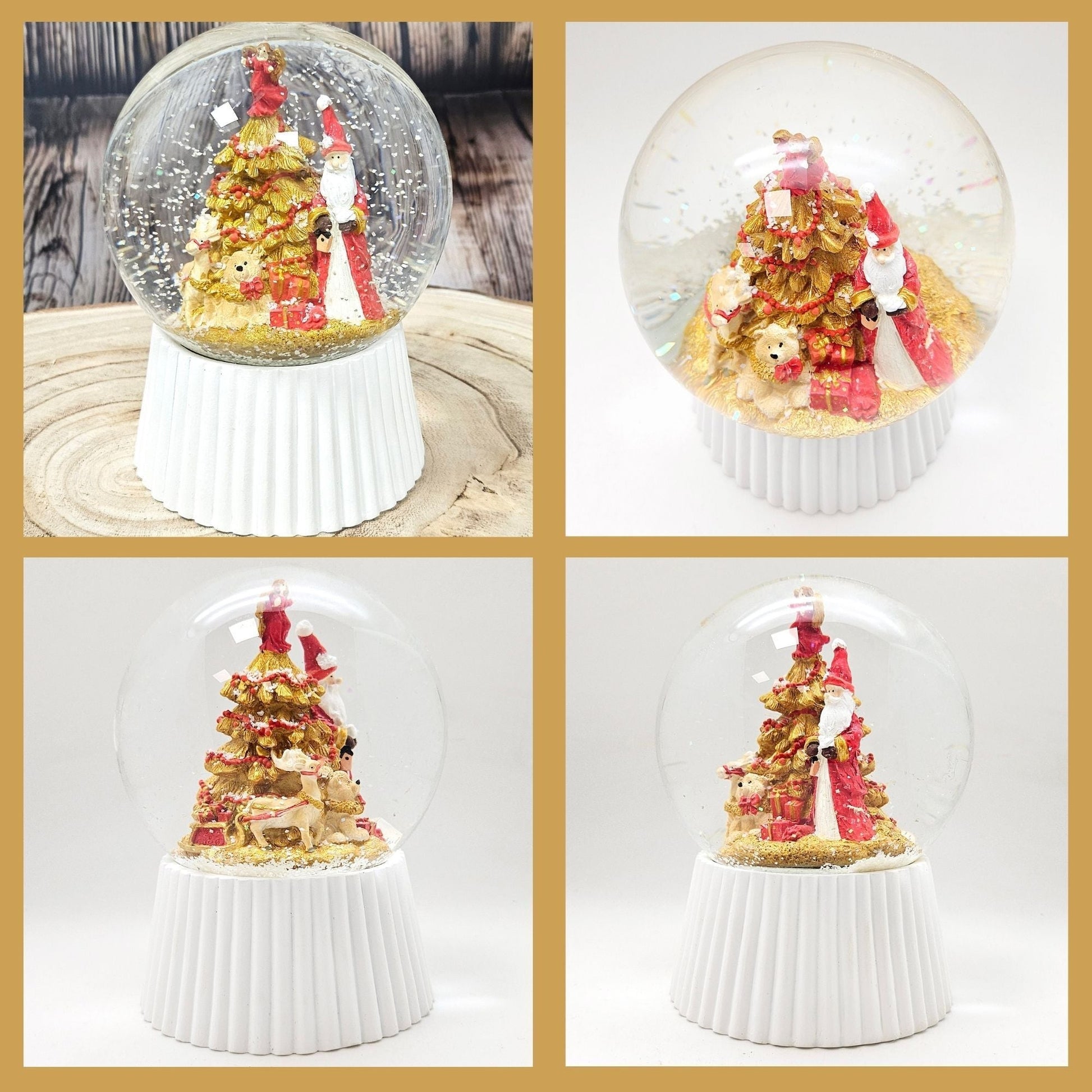 Schneekugel Weihnachtsmann mit Spieluhr, rot, gold weiß auf weiß geriffelt - 120 mm Durchmesser - Schneekugelhaus