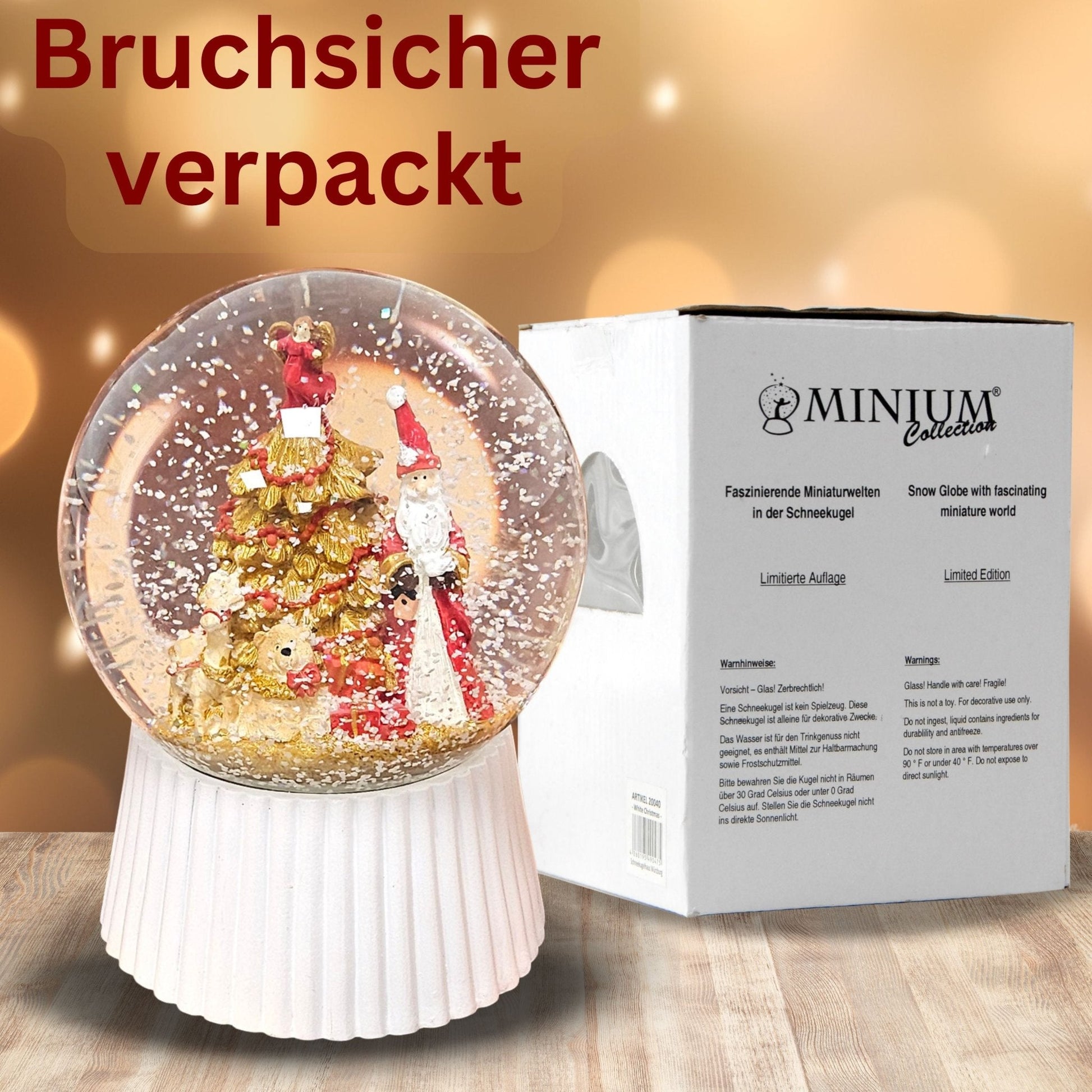 Schneekugel Weihnachtsmann mit Spieluhr, rot, gold weiß auf weiß geriffelt - 120 mm Durchmesser - Schneekugelhaus