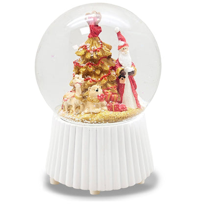 Schneekugel Weihnachtsmann mit Spieluhr, rot, gold weiß auf weiß geriffelt - 120 mm Durchmesser - Schneekugelhaus