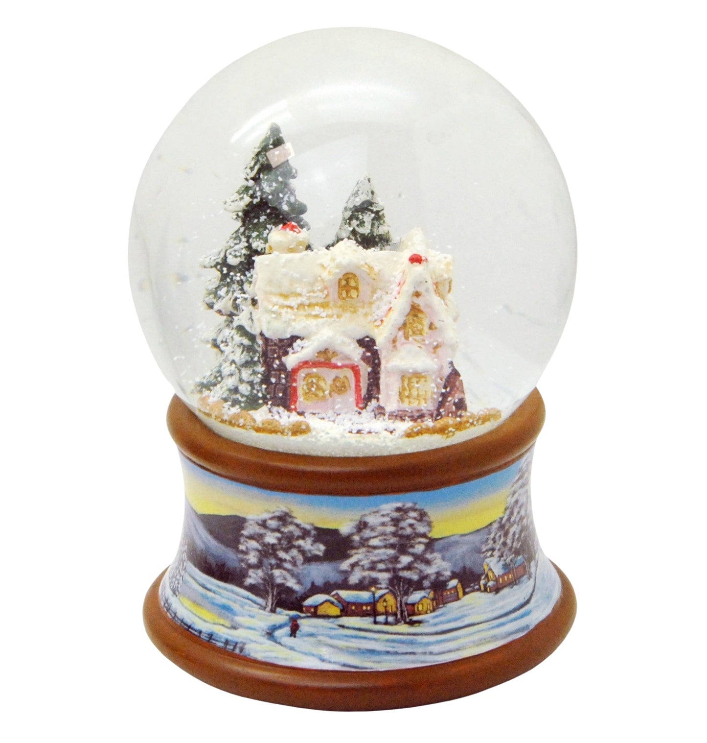 Schneekugel Zuckerbäckerhaus Winterwald auf Sockel Winterlandschaft braun mit Spieluhr - Schneekugelhaus
