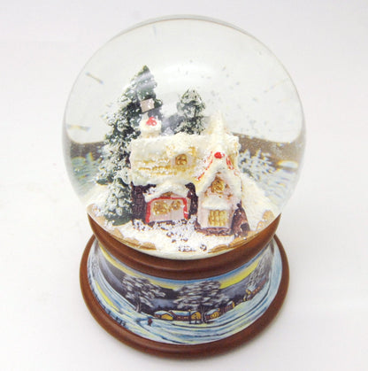 Schneekugel Zuckerbäckerhaus Winterwald auf Sockel Winterlandschaft braun mit Spieluhr - Schneekugelhaus