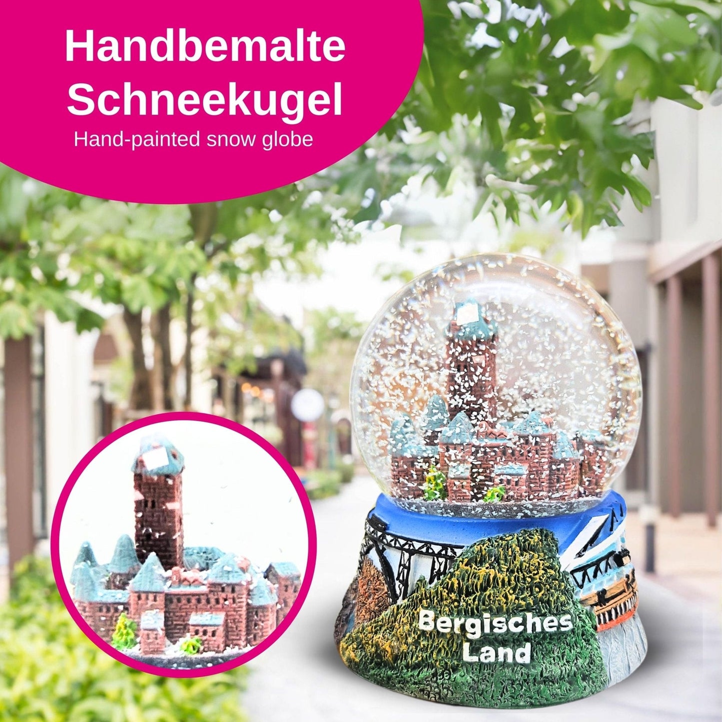 Souvenir Schneekugel Bergisches Land mit Schloss Burg Wuppertal Schwebebahn B: 6,5 H: 8,5 - Schneekugelhaus