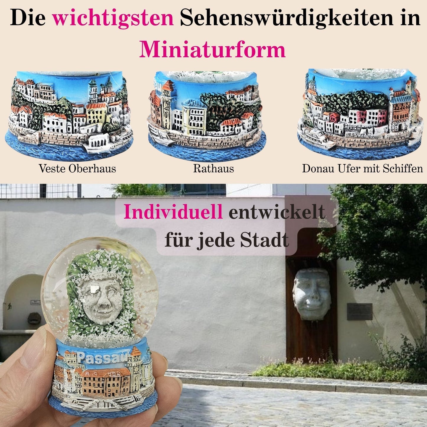 Souvenir Schneekugel Passauer Tölpel 45mm Durchmesser - Schneekugelhaus