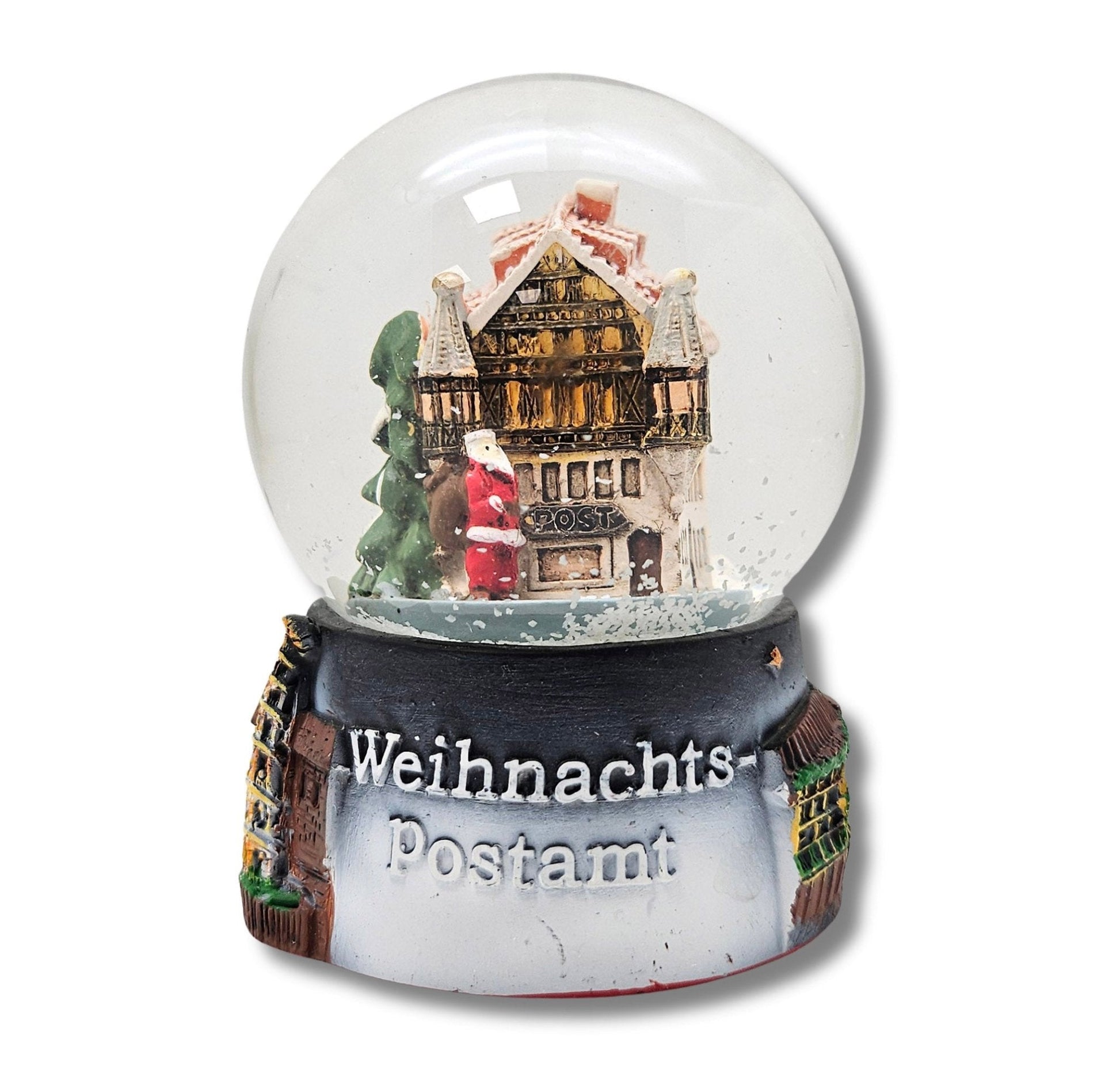 Souvenirschneekugel Weihnachtspostamt mit Weihnachtsmarkt 65mm Durchmesser - Schneekugelhaus